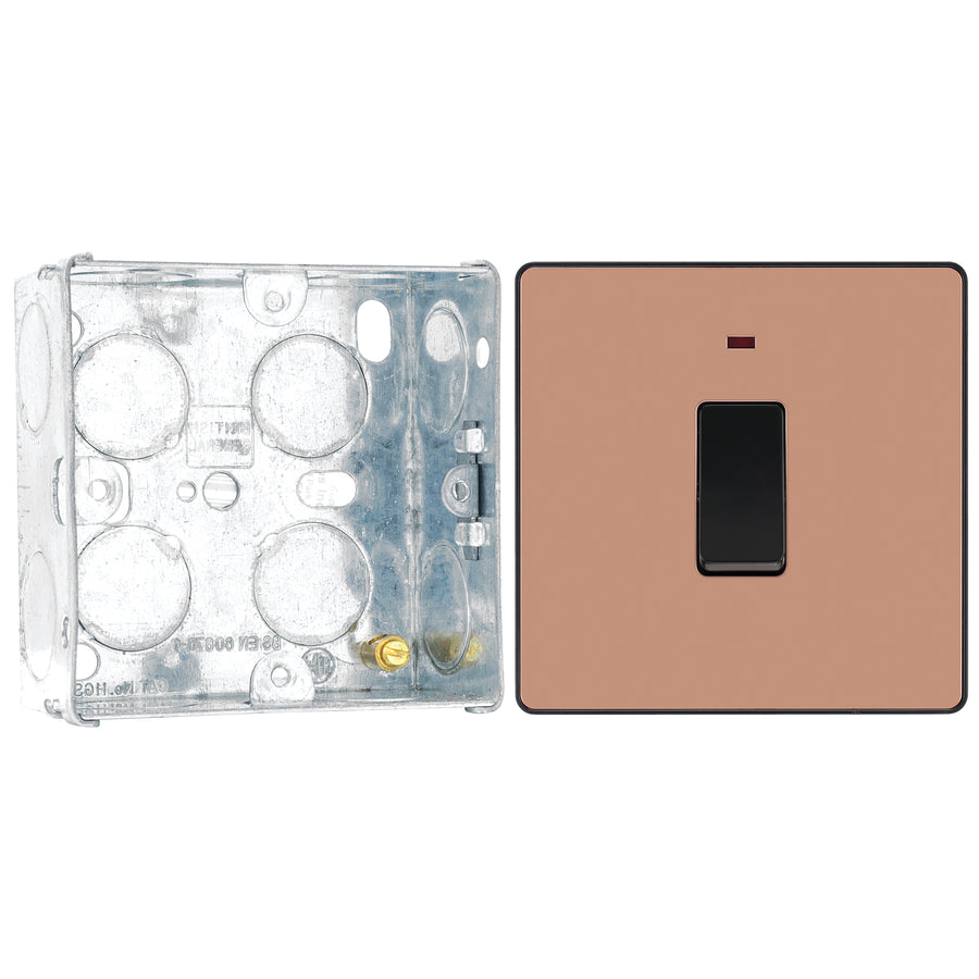 BG Evolve Polished Copper 20A Double Pole Switch with Neon PCDCP31B with 35mm Steel Back Box
