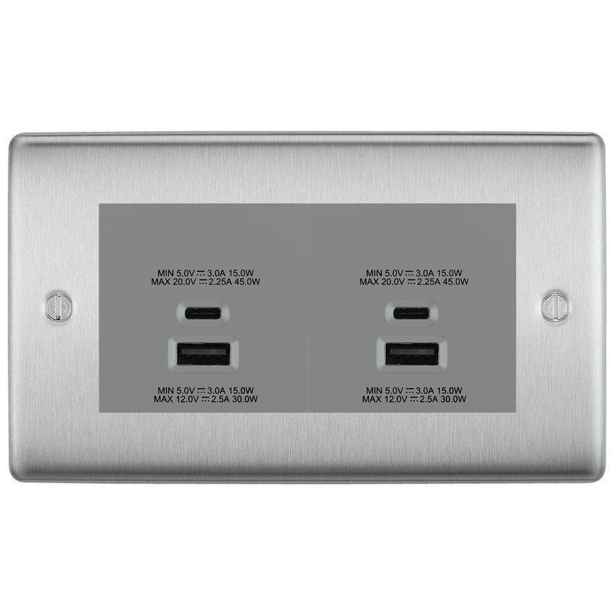 BG Brushed Steel 4G Faceplate with 45W USB A+C Charger Modules - Grey Insert