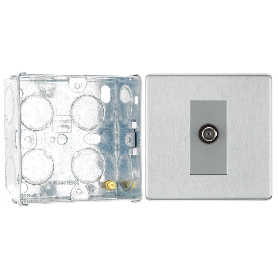 BG Screwless Brushed Steel Single Satellite Socket FBS64 with 35mm Steel Back Box