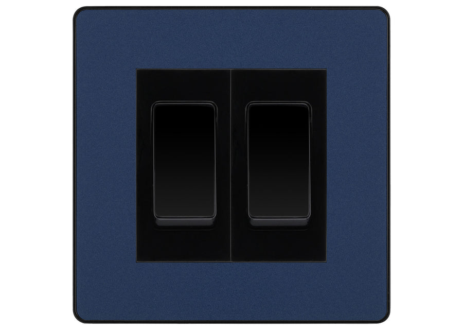 BG Evolve Matt Blue 2 Gang 20AX 2-Way Switch Custom Grid – Black Insert