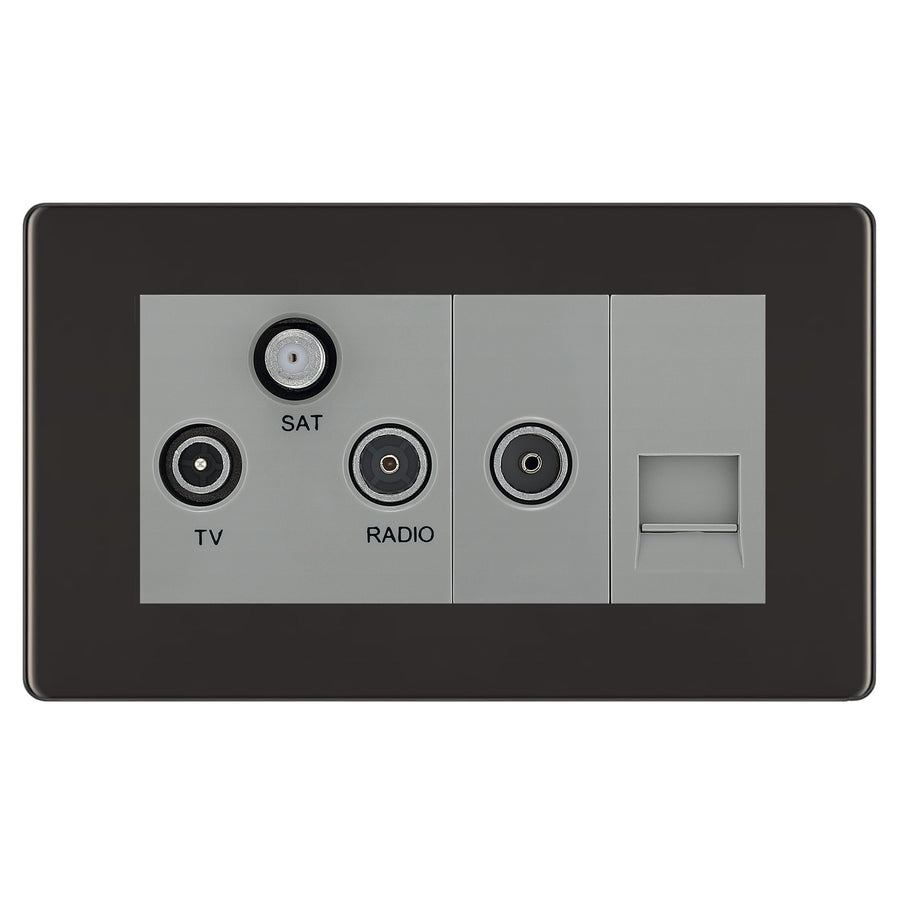 BG Screwless Black Nickel TV/FM/SAT + Return & 1 Gang Tel - Screened Triplex Socket FBN68G
