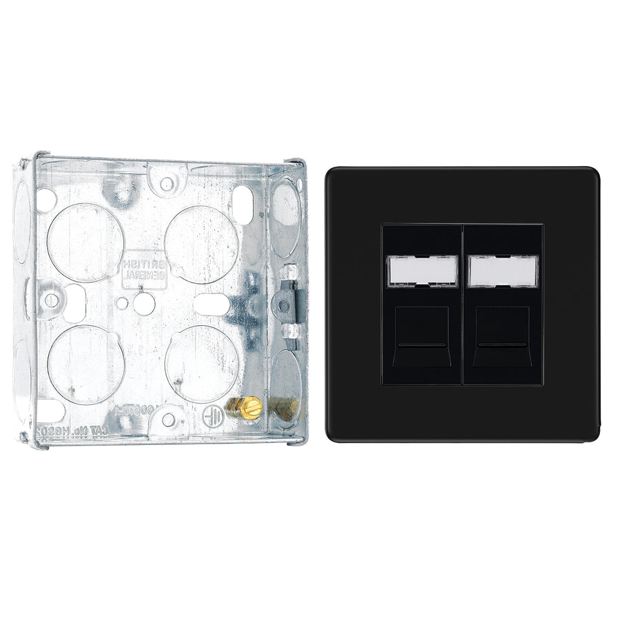 BG Screwless Matt Black RJ45 Double Telephone Socket FFBRJ452 with 25mm Steel Back Box