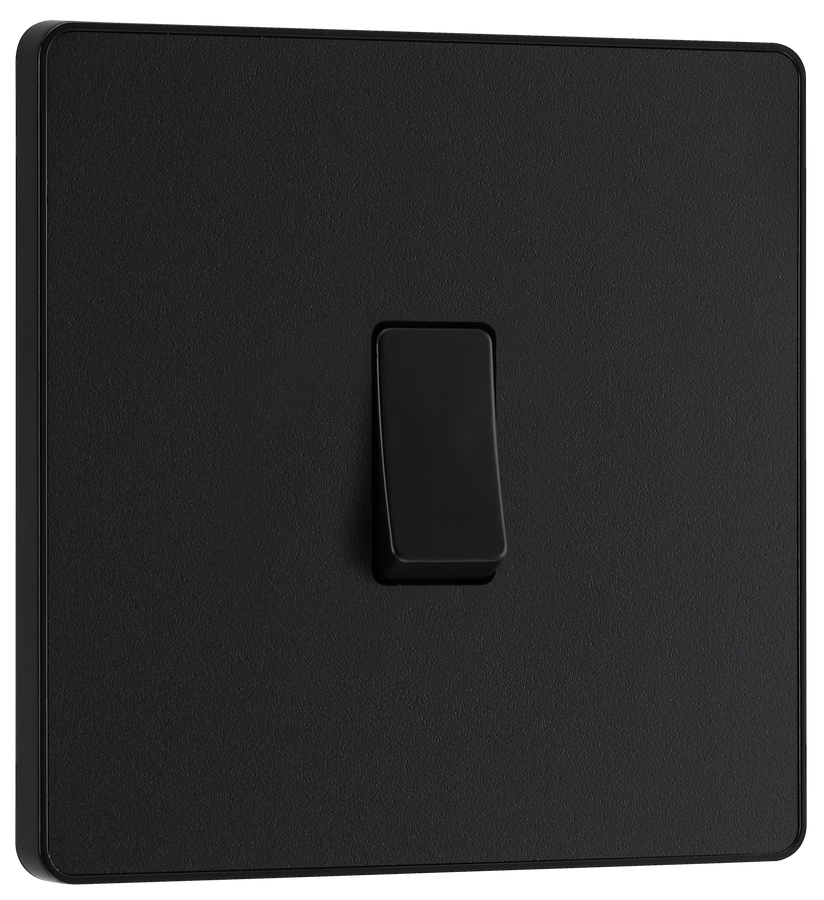 PCDMB13B Front - This Evolve Matt Black 20A 16AX intermediate light switch from British General should be used as the middle switch when you need to operate one light from 3 different locations, such as either end of a hallway and at the top of the stairs.