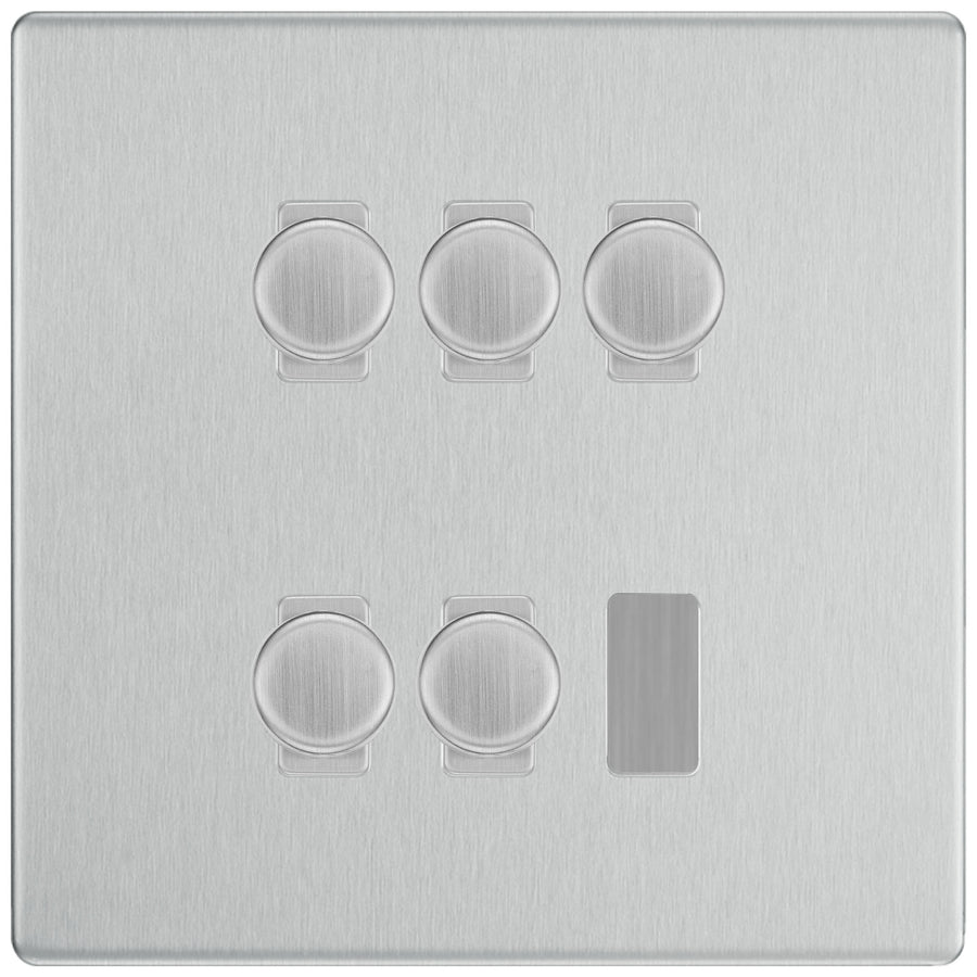 BG Brushed Steel Screwless Flat Plate 5 Gang Trailing Edge LED Dimmer Light Switch 2 Way Custom Switch