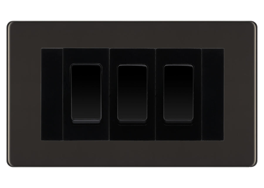 BG Black Nickel Screwless 3 Gang 20AX 2-Way Switch Custom Grid - Black Insert