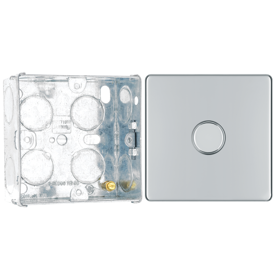 BG Screwless Polished Chrome 200W 2 Way Single Trailing Edge Dimmer Switch FPC81 with 35mm Steel Back Box