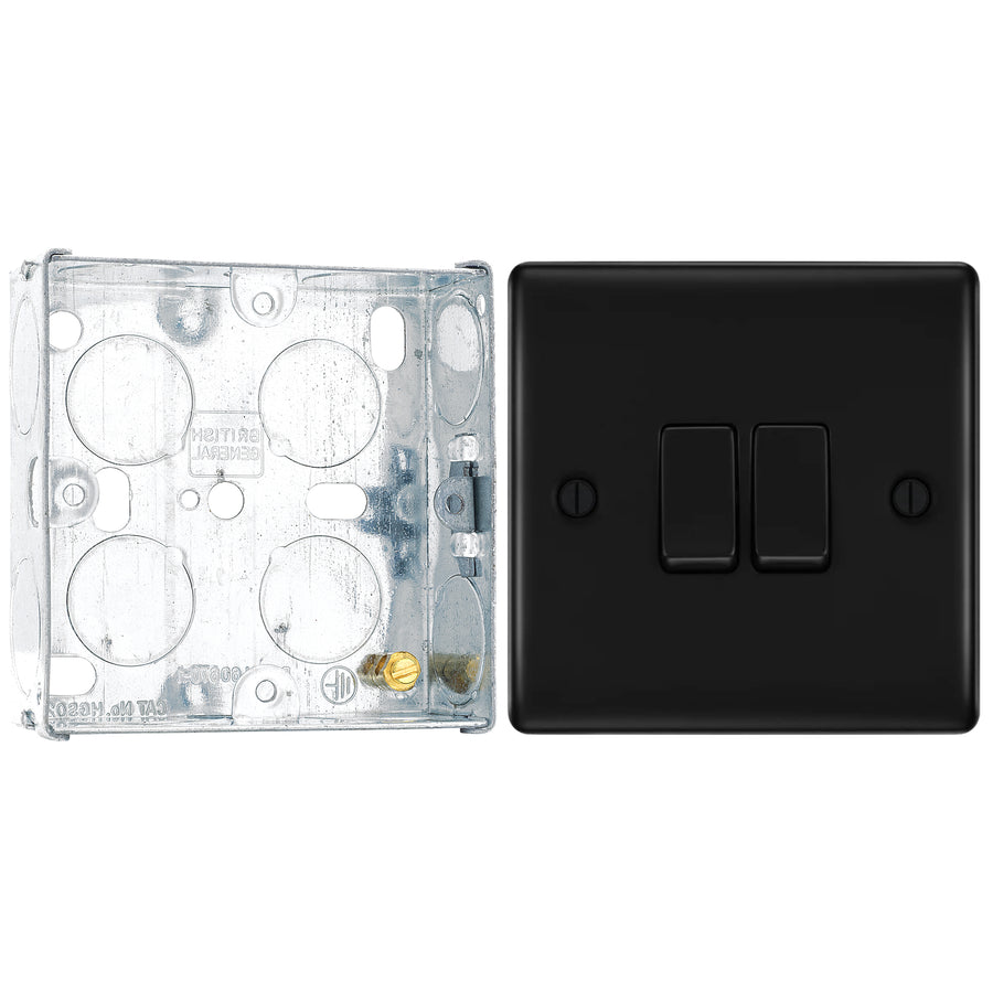 BG Nexus Matt Black 20A 16AX 2 Way Double Light Switch NFB42 with 25mm Steel Back Box