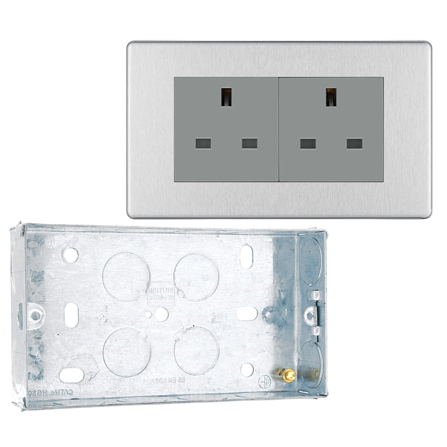 BG Screwless Brushed Steel 13A Flatplate Double Socket Unswitched FBS24G with 25mm Steel Back Box