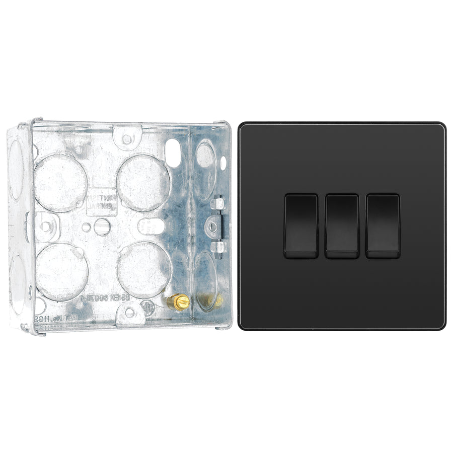 BG Evolve Black Chrome 3 Gang 20A 16AX 2 Way Light Switch PCDBC43B with 35mm Steel Back Box