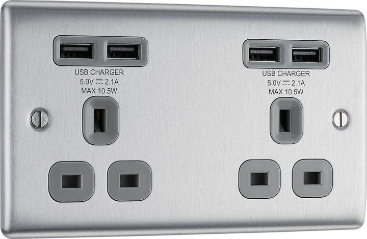 NBS24U44G Front - The BG Electrical Nexus Metal NBS24U44G is a brushed stainless steel double (2 gang) switched socket with grey inserts and 4 4.2A USB sockets, manufactured by British General Electrical. 