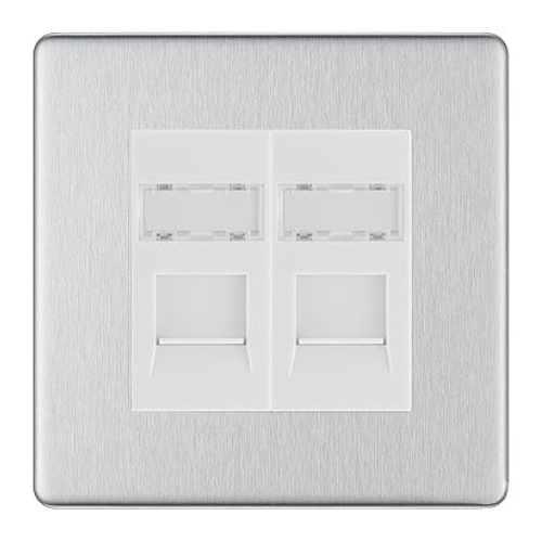 BG Screwless Brushed Steel 2 Gang RJ45 Data Socket FBSRJ452W White Inserts