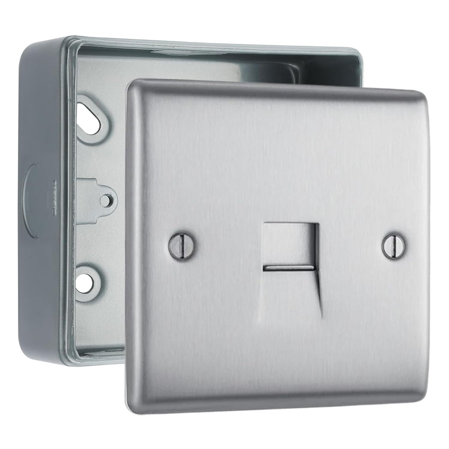 BG Nexus Brushed Steel 1 Gang Slave Telephone Socket with Surface Pattress Back Box