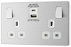 PCDBS22UAC30W Front - This Evolve Brushed Steel 13A power socket from British General with integrated fast charge USB-A and USB-C ports delivers a 50% charge to mobile phones in just 30 minutes.