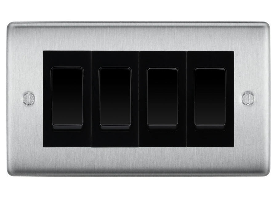 BG Nexus Brushed Steel 4-Gang Light Switch 1x 2-Way + 3x Intermediate – Black Inserts