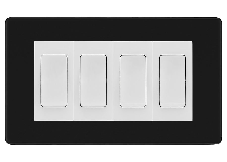 BG Electrical Screwless Matt Black 4-Gang Light Switch 2x 2-Way + 2x Intermediate – White Inserts