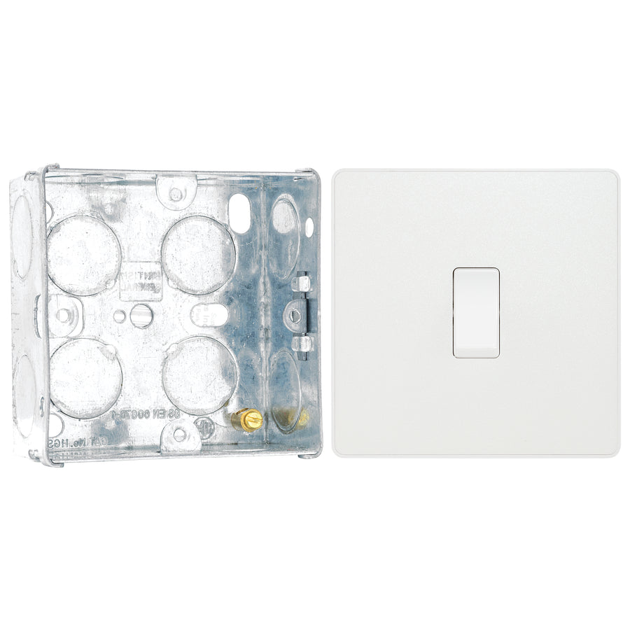 BG Evolve Pearlescent White 20A 2 Way Single Light Switch PCDCL12W with 35mm Steel Back Box