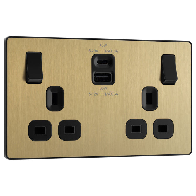 BG Evolve Satin Brass PCDSB22UAC45B USB Double Socket 45W Type A & C USB