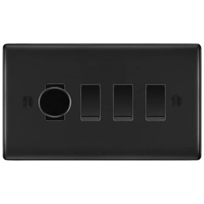 BG Nexus Matt Black 4 Gang Switch 1x Trailing Edge LED Dimmer 3x Intermediate Custom Grid Switch