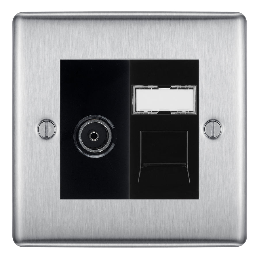 BG Nexus Brushed Steel TV Aerial & RJ45 CAT6 Data Socket - Black Insert