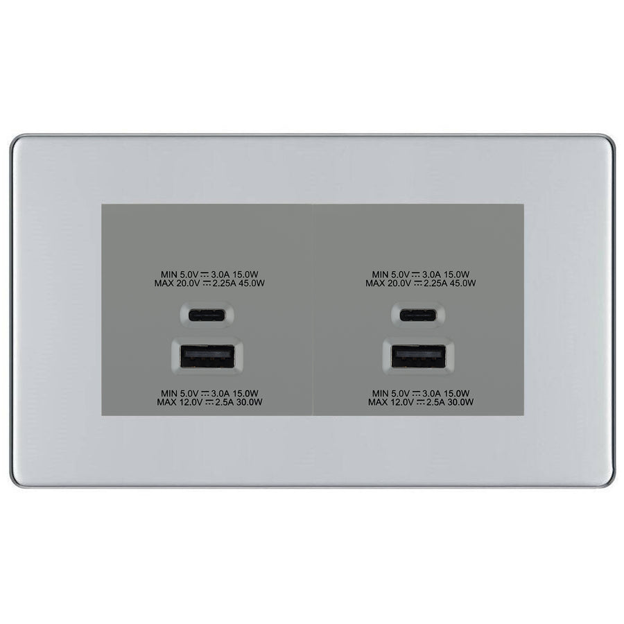 BG Screwless Polished Chrome 4G Faceplate with 45W USB A+C Charger Modules – Grey Insert