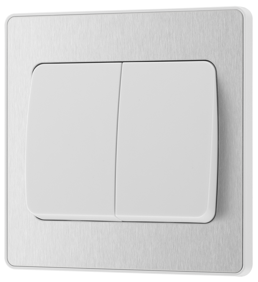 PCDBS42WW Front - This Evolve Brushed Steel 20A 16AX double light switch from British General can operate 2 different lights, whilst the 2 way switching allows a second switch to be added to the circuit to operate the same light from another location (e.g. at the top and bottom of the stairs).