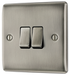 NBI42 Front -  This brushed Iridium finish 20A 16AX double light switch from British General can operate 2 different lights whilst the 2 way switching allows a second switch to be added to the circuit to operate the same light from another location (e.g. at the top and bottom of the stairs).