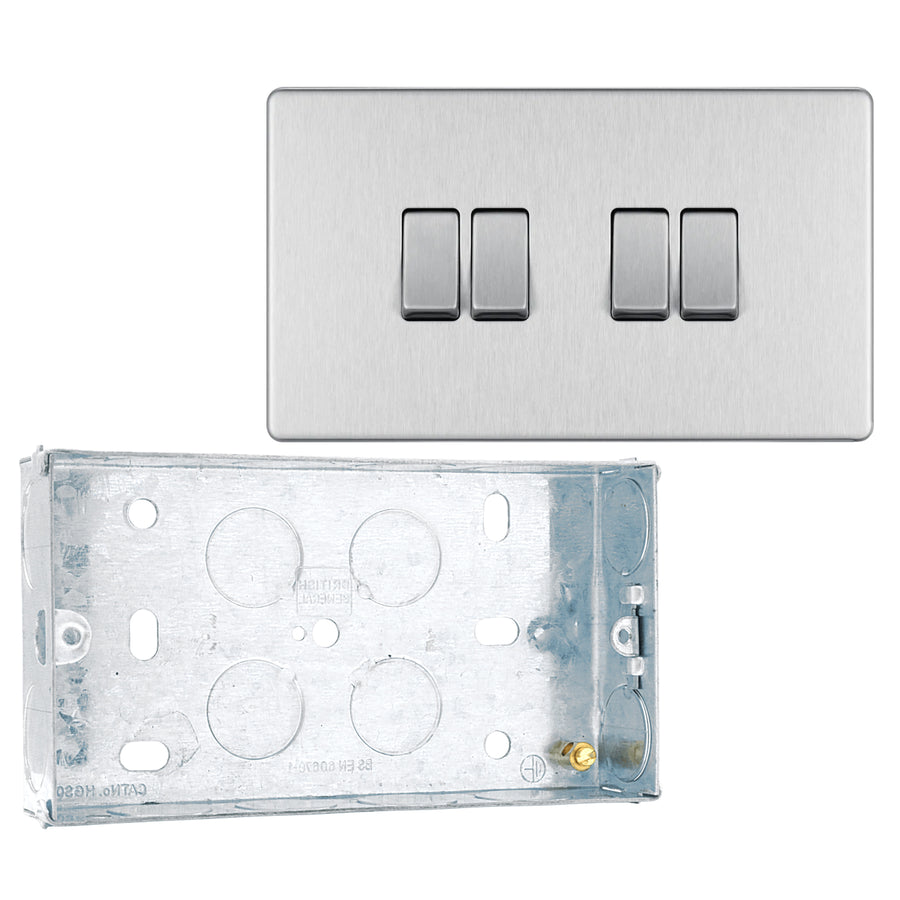 BG Screwless Brushed Steel 20A 16AX 2-Way Quadruple Light Switch FBS44 with 25mm Steel Back Box