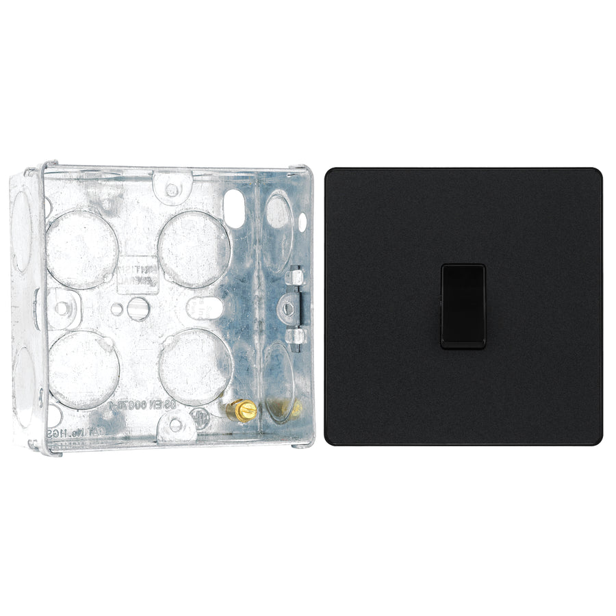 BG Evolve Matt Black 1 Gang 20A 16AX 2 Way Light Switch PCDMB12B with 35mm Steel Back Box