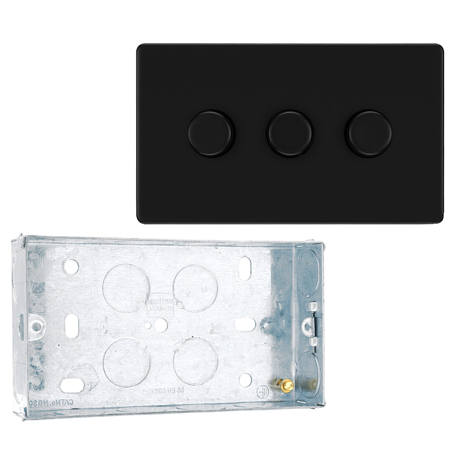 BG Screwless Matt Black 200W 2 Way Triple Trailing Edge Dimmer Switch FFB83 with 25mm Steel Back Box