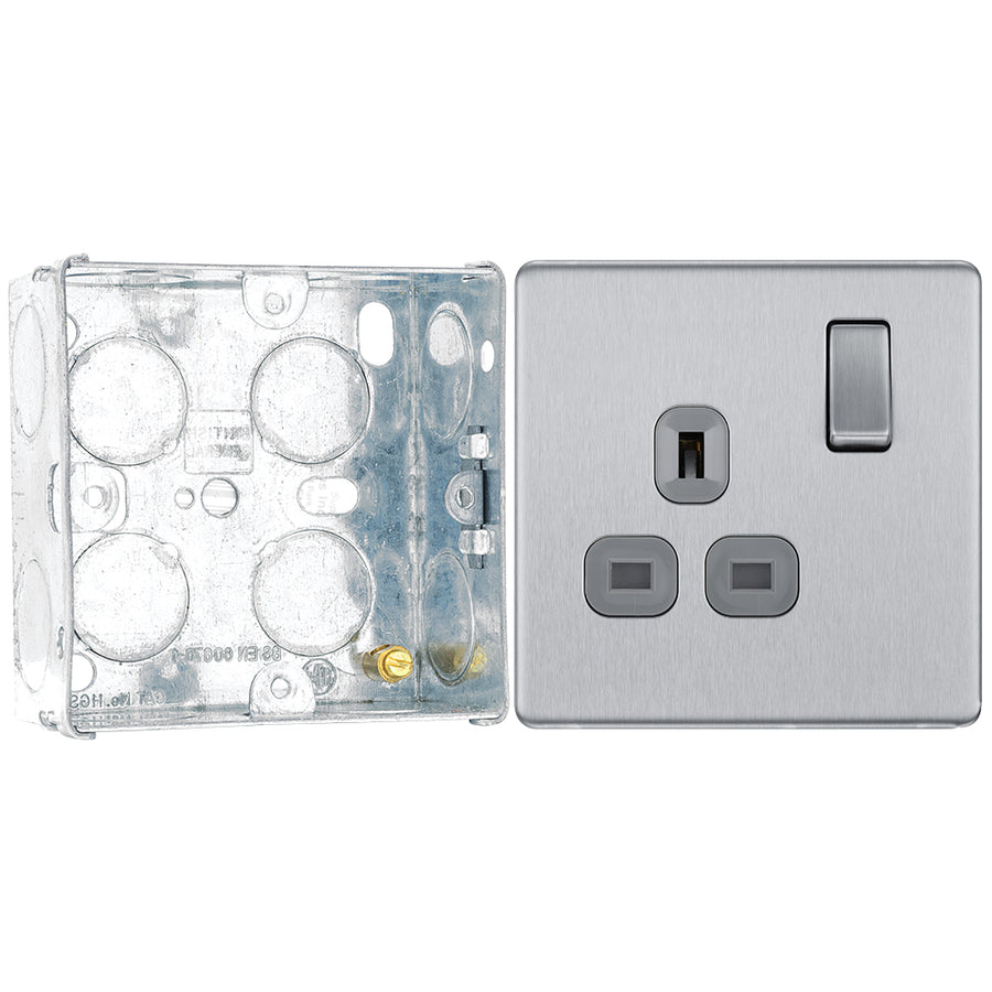 BG Screwless Brushed Steel 13A Single Socket FBS21G with 35mm Steel Back Box