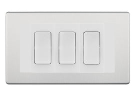 BG Brushed Steel Screwless 3 Gang Intermediate Light Switch Custom Grid - White Insert