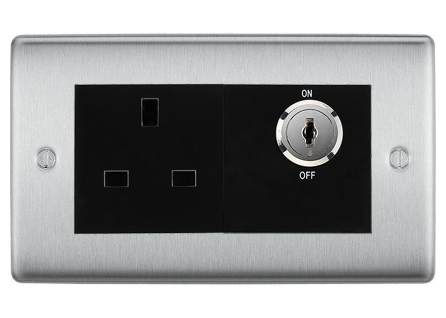 BG Nexus Brushed Steel 13A Double Pole Key Controlled Socket – Black Inserts