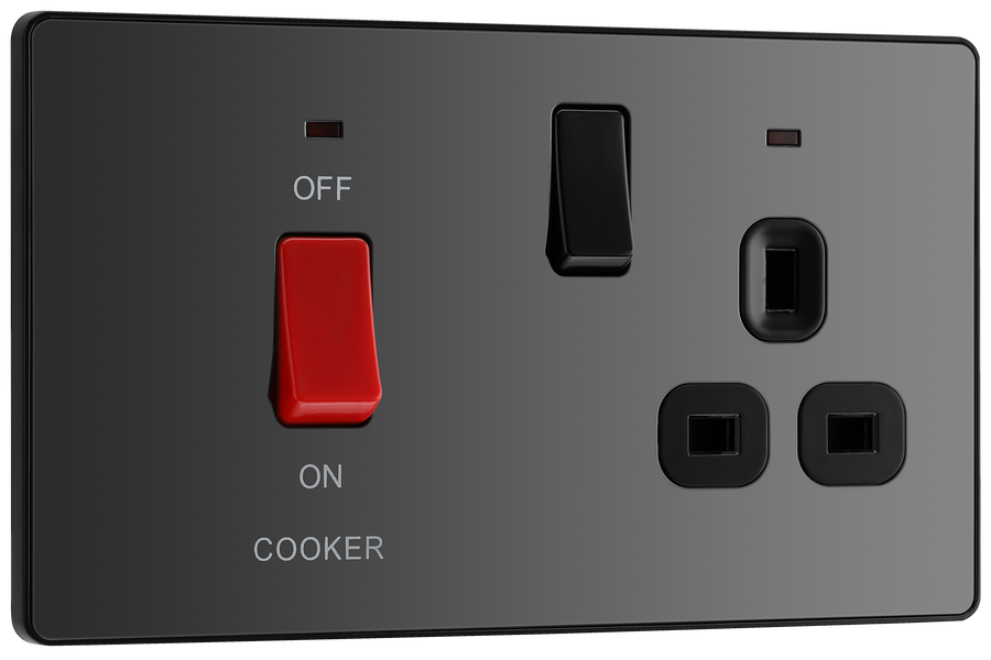 PCDBC70B Front - This Evolve Black Chrome 45A cooker control unit from British General includes a 13A socket for an additional appliance outlet, and has flush LED indicators above the socket and switch.