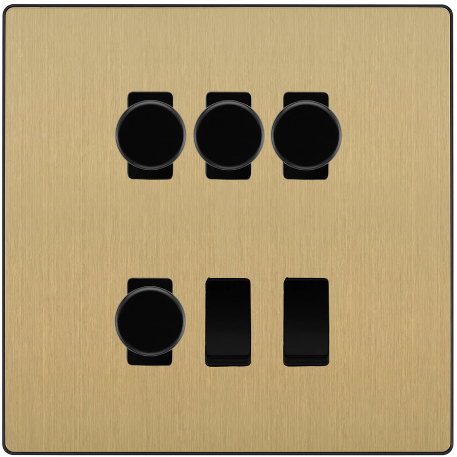 BG Evolve Satin Brass 6 Gang Switch 4x Trailing Edge LED Dimmer 2x Intermediate Custom Grid