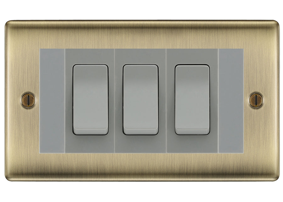 BG Nexus Antique Brass 3G Switch 1x Intermediate 2x 2 Way Switch - Grey Insert