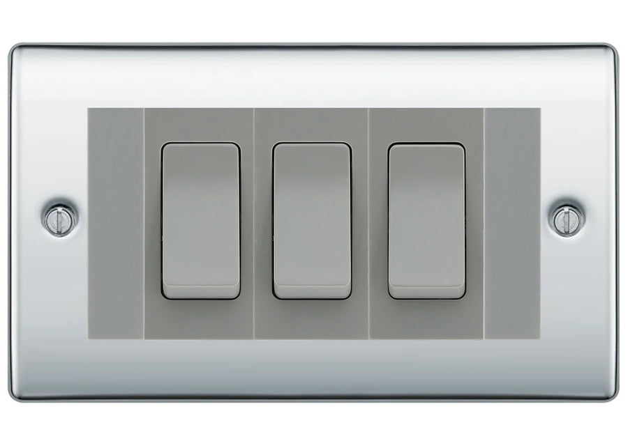 BG Nexus Polished Chrome 3G Switch 1x Intermediate 2x 2 Way Switch - Grey Insert