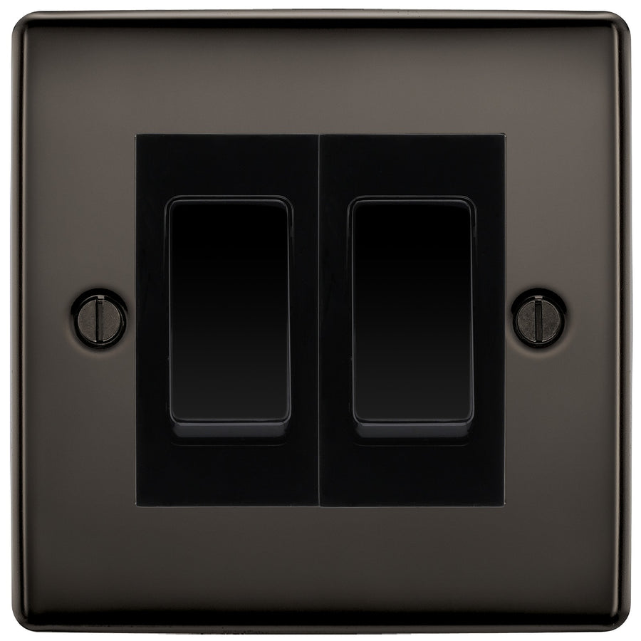 BG Nexus Black Nickel 2-Gang Light Switch 1x 2-Way + 1x Intermediate – Black Inserts