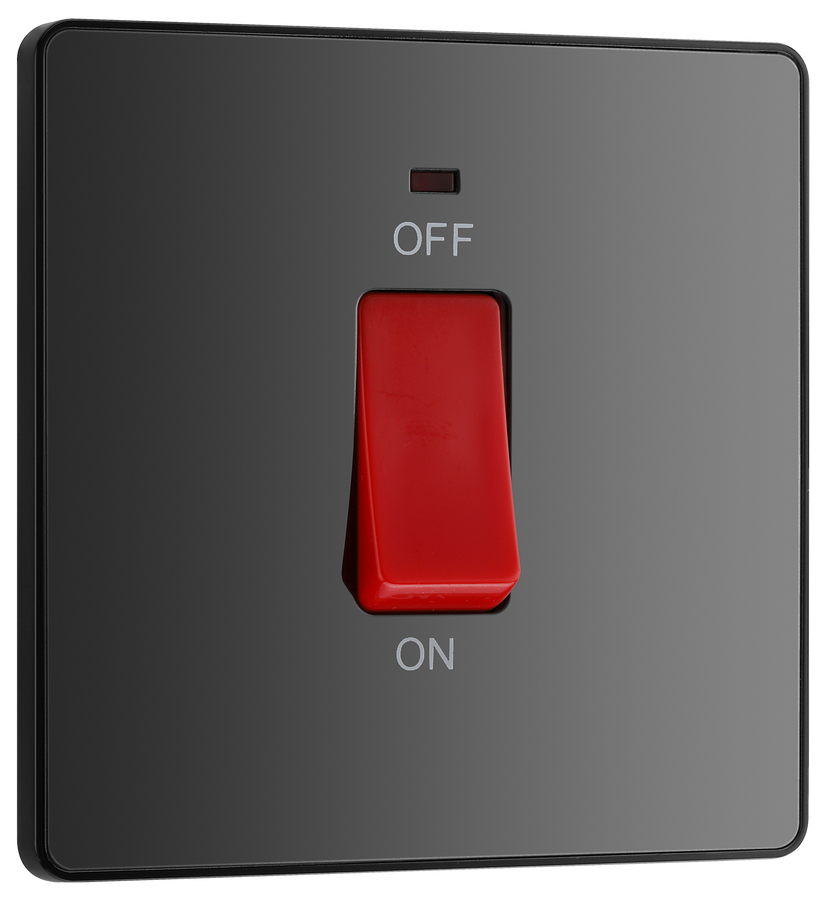 PCDBC74B Front - This Evolve Black Chrome 45A double pole switch with indicator from British General is ideal for use with cookers and ovens.