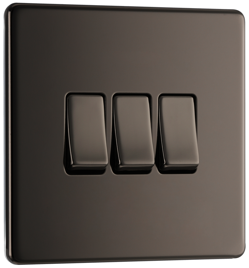 BG FBN43 Nexus Screwless Flat-Plate Triple Light Switch Black Nickel 2 Way 10A