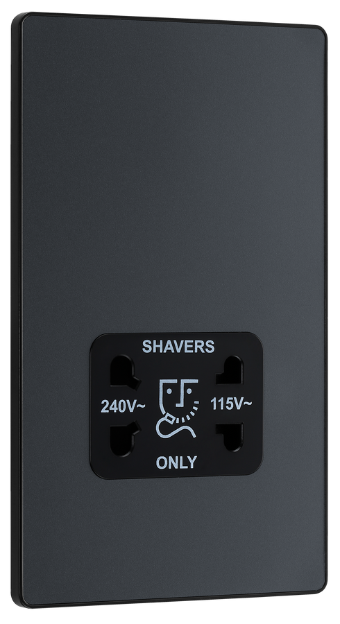 PCDMG20B Front - This Evolve Matt Grey dual voltage shaver socket from British General is suitable for use with 240V and 115V shavers and electric toothbrushes.