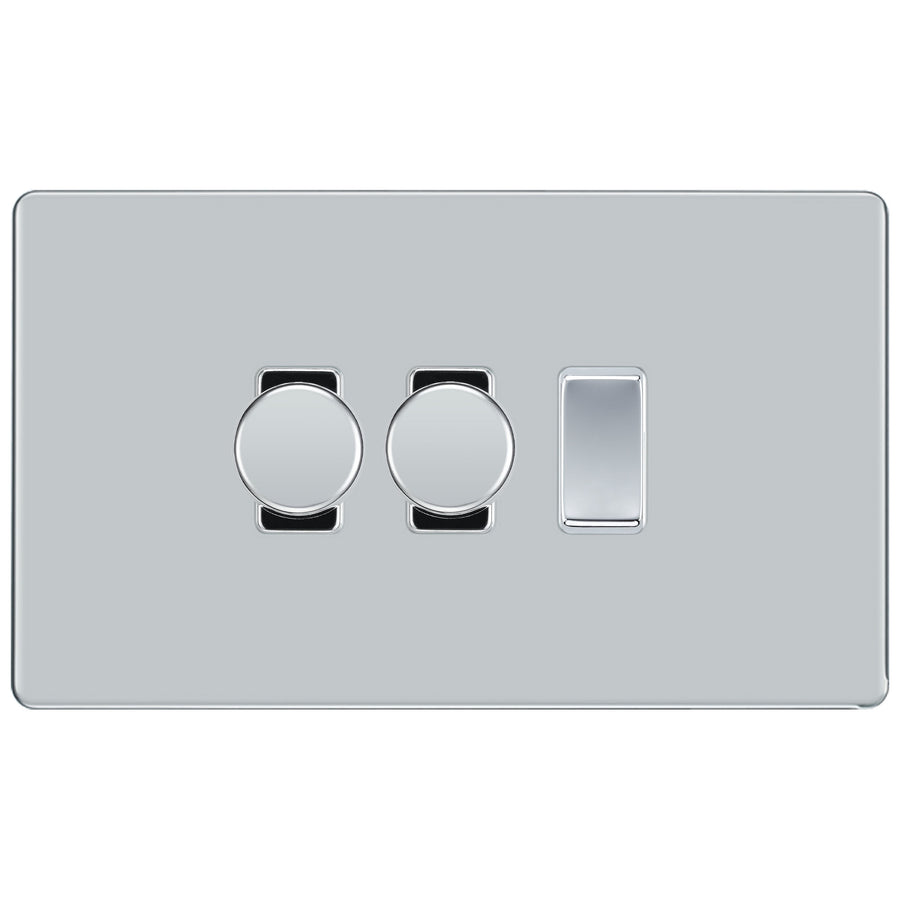 BG Polished Chrome Screwless Flat Plate 3 Gang Light Switch 2x Trailing Edge LED Dimmer 1x 2 Way Custom Switch