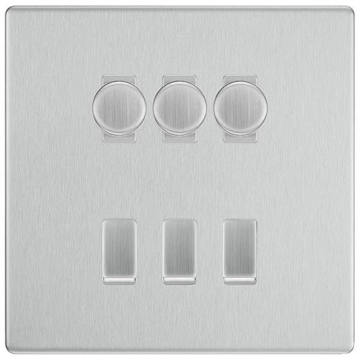 BG Screwless Brushed Steel 6 Gang Switch 3x Trailing Edge LED Dimmer 3x Intermediate Custom Grid Switch