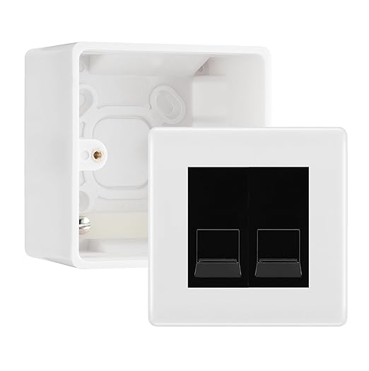BG White Moulded Double RJ11 Telephone Socket Euro Module with 50mm Back Box - Black Insert