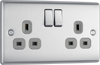 NBS22G Front - This brushed steel finish 13A double switched socket from British General has a sleek and slim profile with softly rounded edges, anti-fingerprint lacquer and no visible plastic around the switches for a luxurious finish.