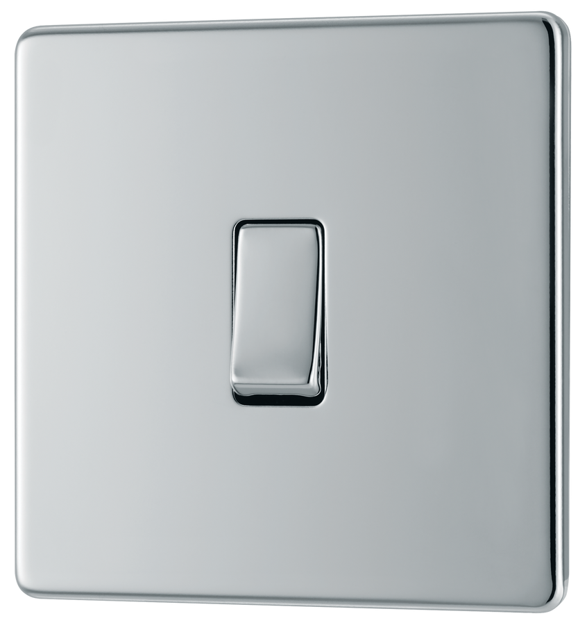 FPC13 Front - This Screwless Flat plate polished chrome finish 20A 16AX intermediate light switch from British General should be used as the middle switch when you need to operate one light from 3 different locations such as either end of a hallway and at the top of the stairs.