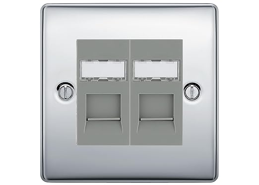 BG Nexus Metal Polished Chrome 2 Gang RJ45 Data Socket NPCRJ452G Grey Inserts