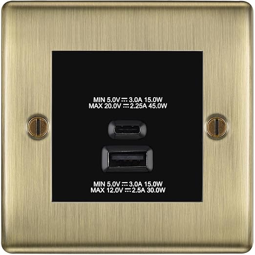 BG Nexus Antique Brass 45W USB Wall Socket Euro Module USB-A & C - Black Insert
