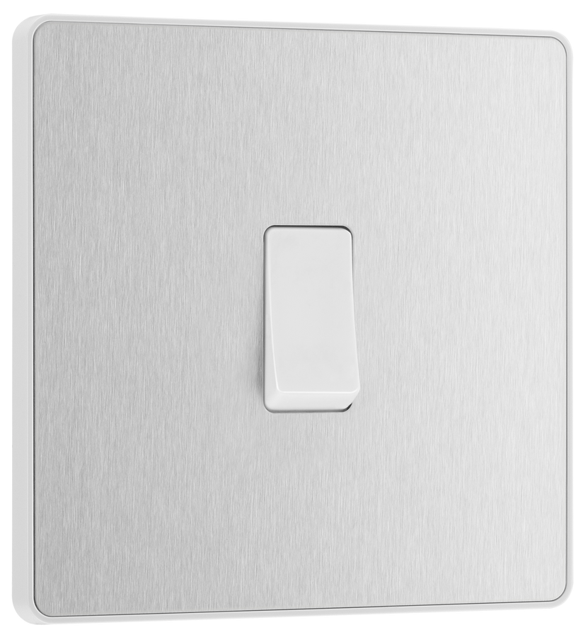 PCDBS13W Front - This Evolve Brushed Steel 20A 16AX intermediate light switch from British General should be used as the middle switch when you need to operate one light from 3 different locations, such as either end of a hallway and at the top of the stairs.