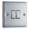 BG Nexus Metal Polished Chrome 20A 16AX 2 Way Double Light Switch NPC42 with 25mm Steel Back Box