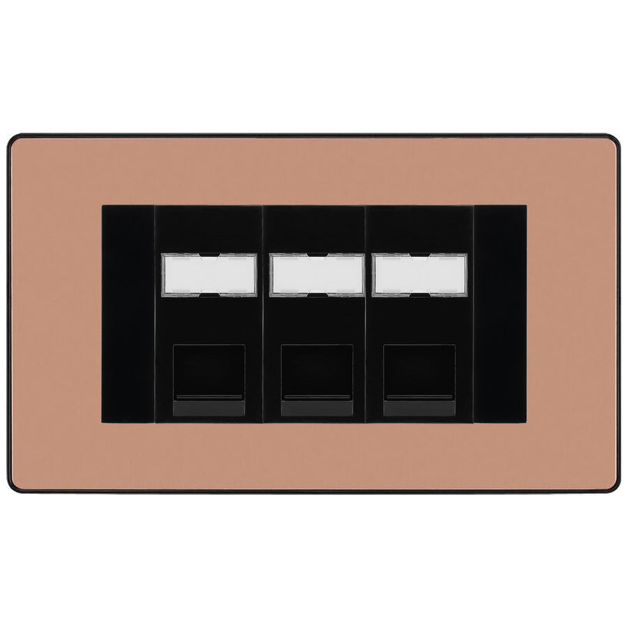 BG Evolve Polished Copper 3 Gang RJ45 Cat5e Data Socket Black Inserts